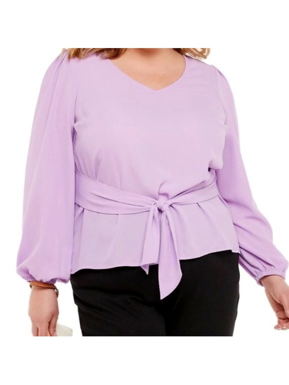 EVRI Lilac Purple Lavender Tie-Waist V-Neck Long Sleeve Blouse Lightweight